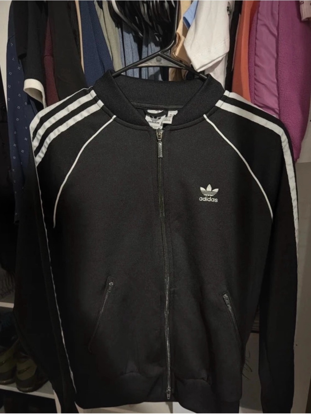 adidas Black Track Jacket with White Stripes and Trefoil Logo